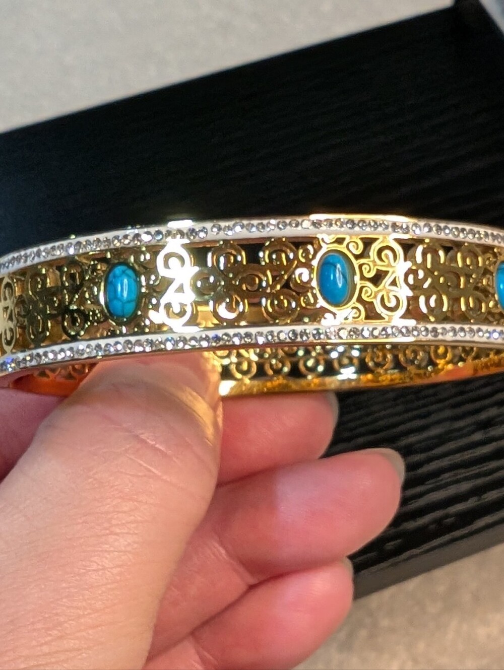 Gold-Tone Filigree Bangle Bracelet with Turquoise Cabochons
